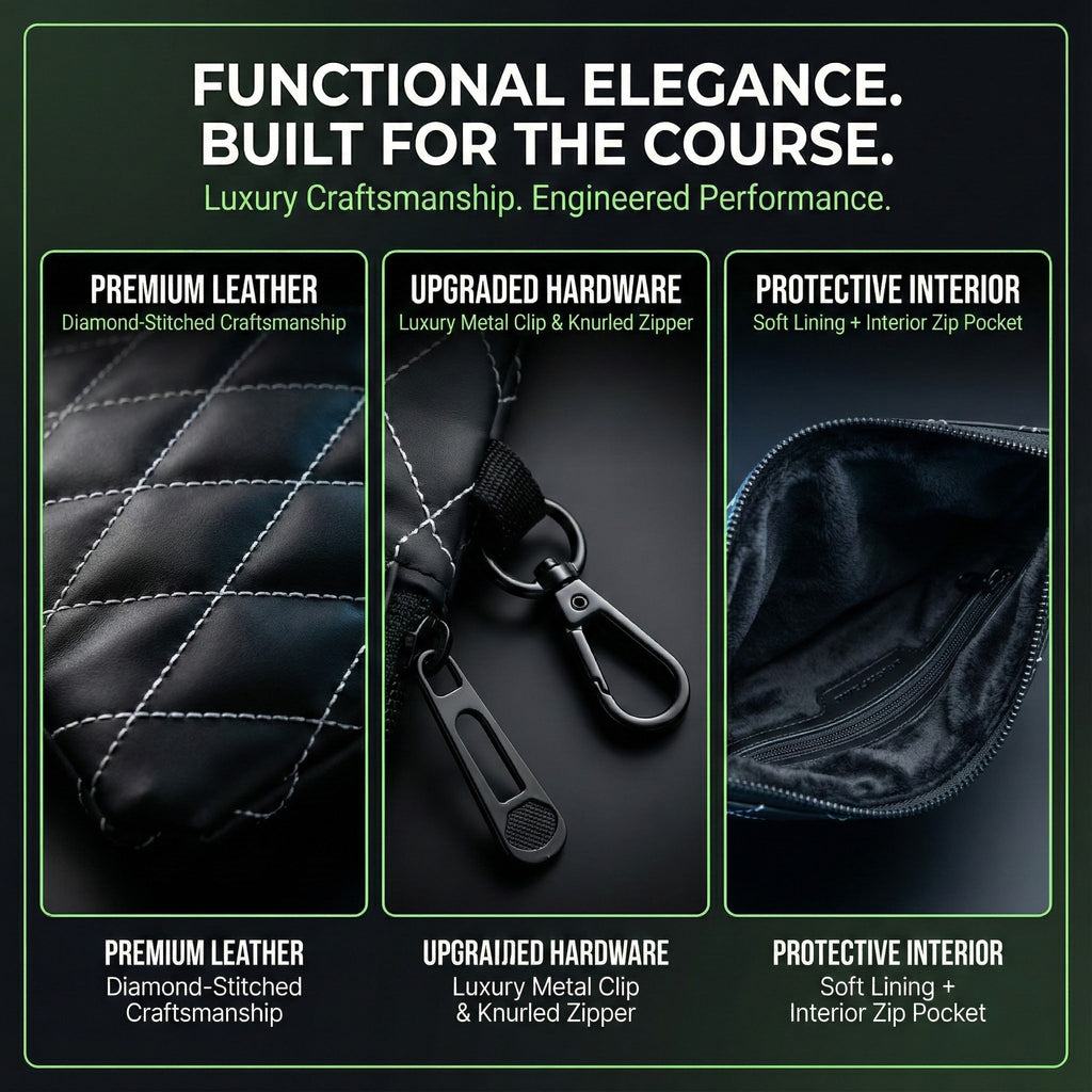 Leather utility pouch detail: quilted leather, metal clip, soft-lined interior zip pocket
