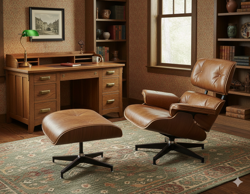Tan top-grain leather lounge chair with matching ottoman, recline shape on black swivel base