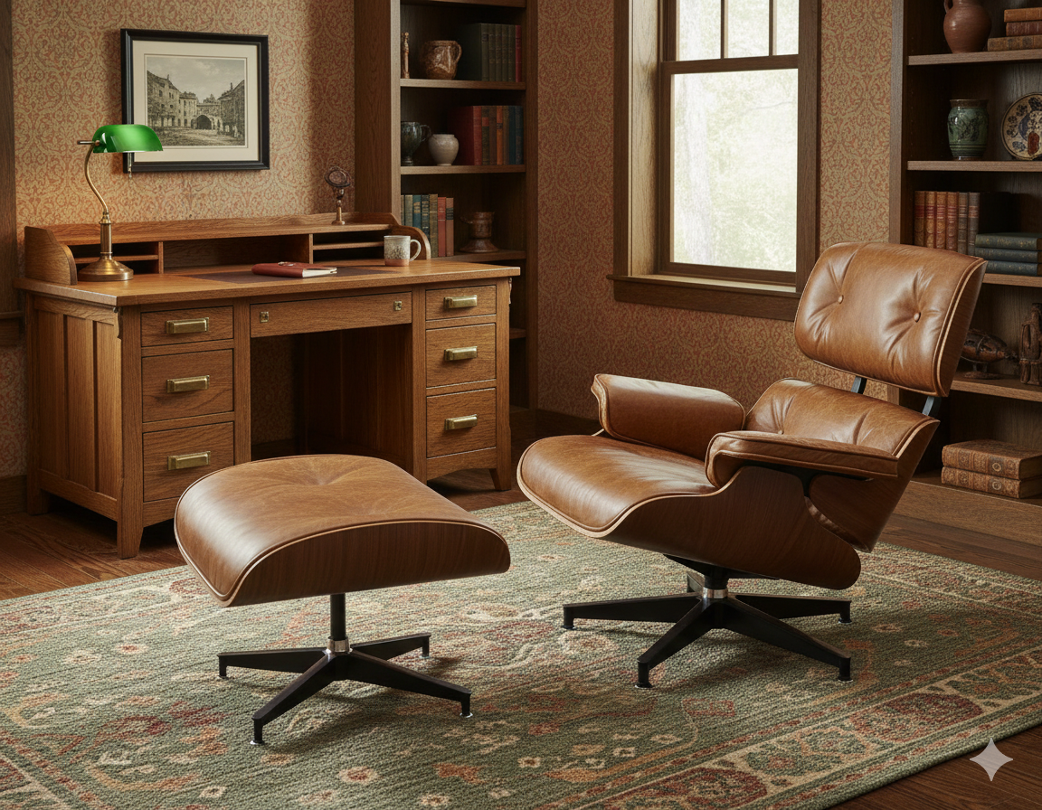 Tan top-grain leather lounge chair with matching ottoman, recline shape on black swivel base