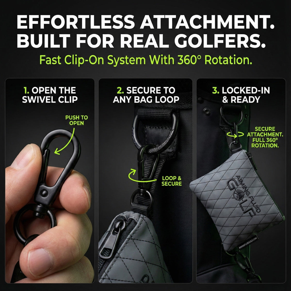 Black leather utility pouch with 360° rotating clip-on attachment system