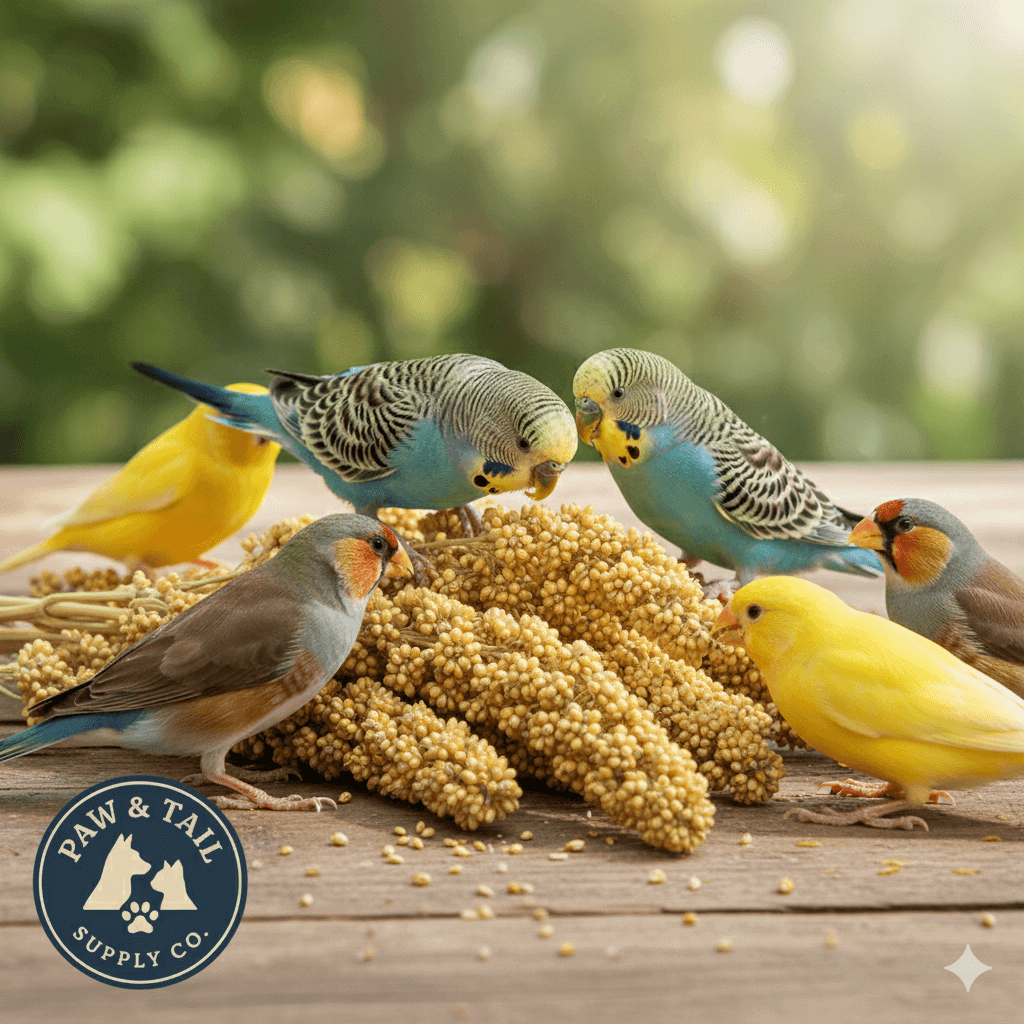 Small wild birds eating millet spray on wooden tabletop outdoors