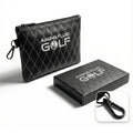Black quilted leather utility pouch with zip closure and carabiner key ring clip