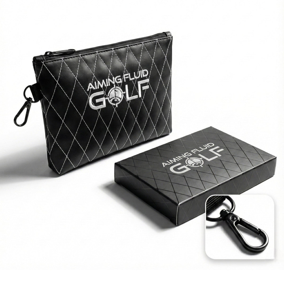 Black quilted leather utility pouch with zip closure and carabiner key ring clip