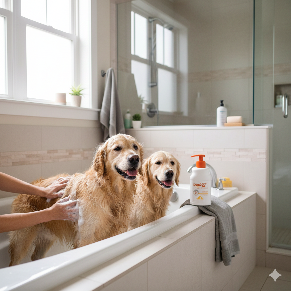 White pet shampoo bottle with orange pump, labeled antiseptic for dogs and cats