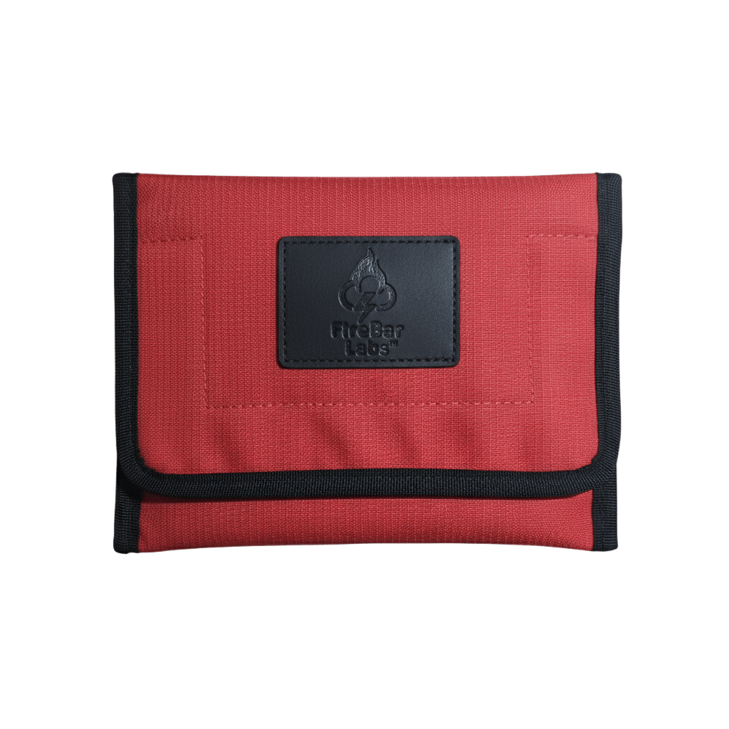Smell proof travel wallet in red with FireBar Labs patch and black edge trim