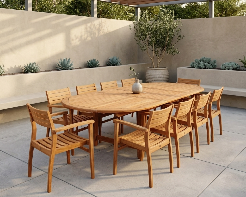 Teak outdoor dining table with extendable leaf and 6 slatted chairs, outdoor seating set