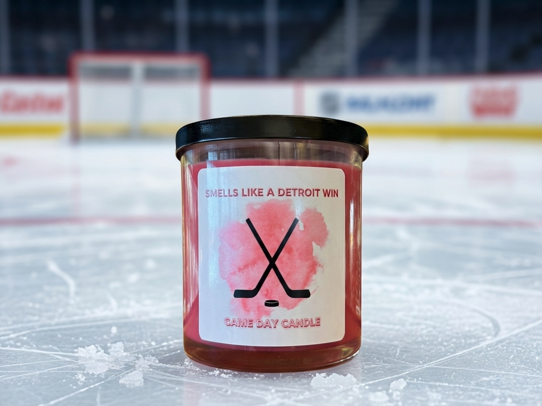 Red game day candle in clear glass jar with X label and black lid