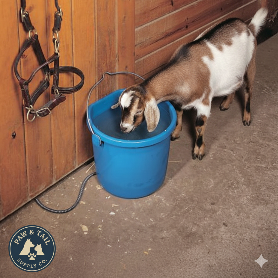 Blue heated water pail with cord, flat-back bucket for horses