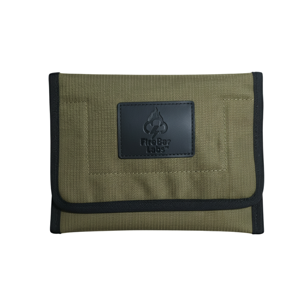 Olive green smell-proof travel wallet with front logo patch