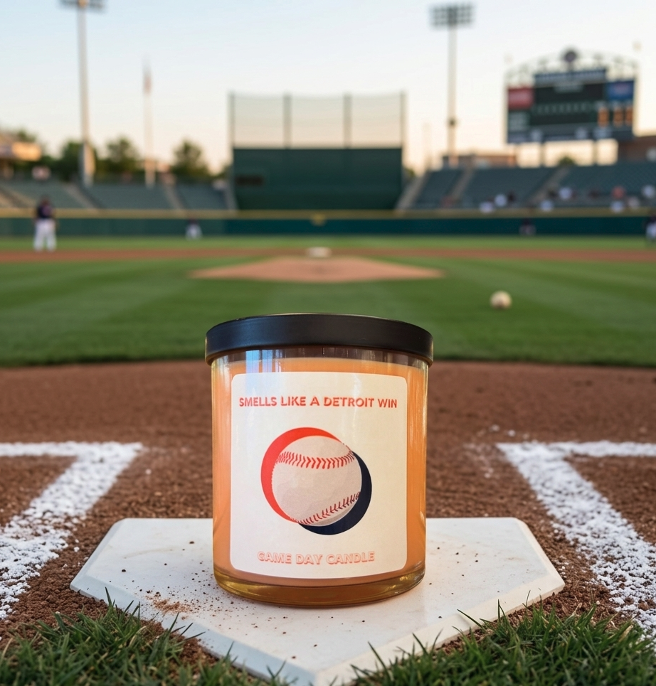 Orange game day candle in clear glass jar with baseball label and black lid