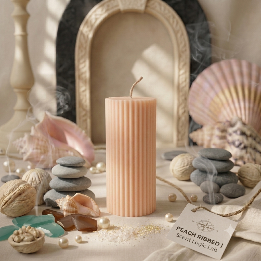 Peach ribbed pillar sculpture candle with centered wick