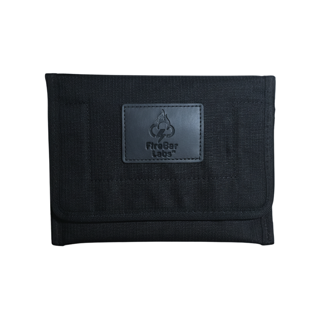 Black smell-proof travel wallet with centered front logo label