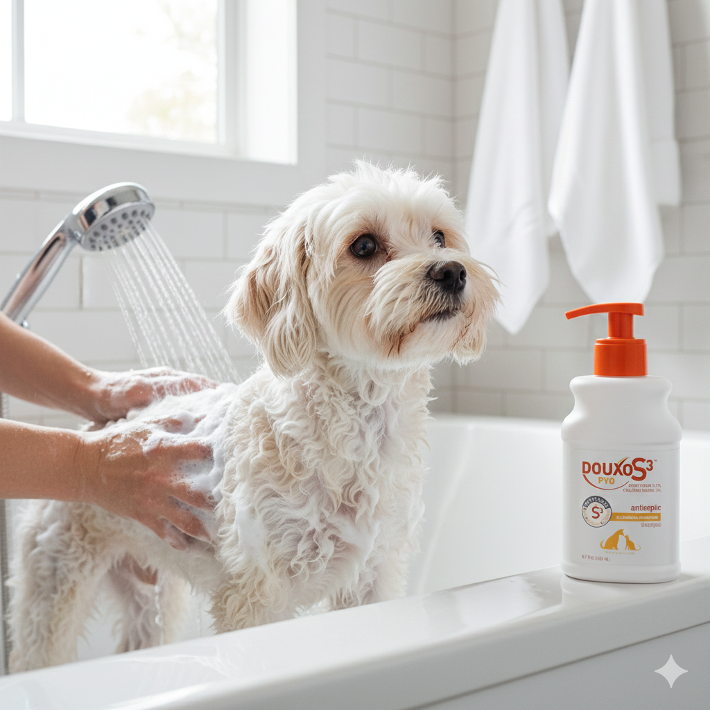 Antiseptic pet shampoo bottle with orange pump, white label for dogs and cats