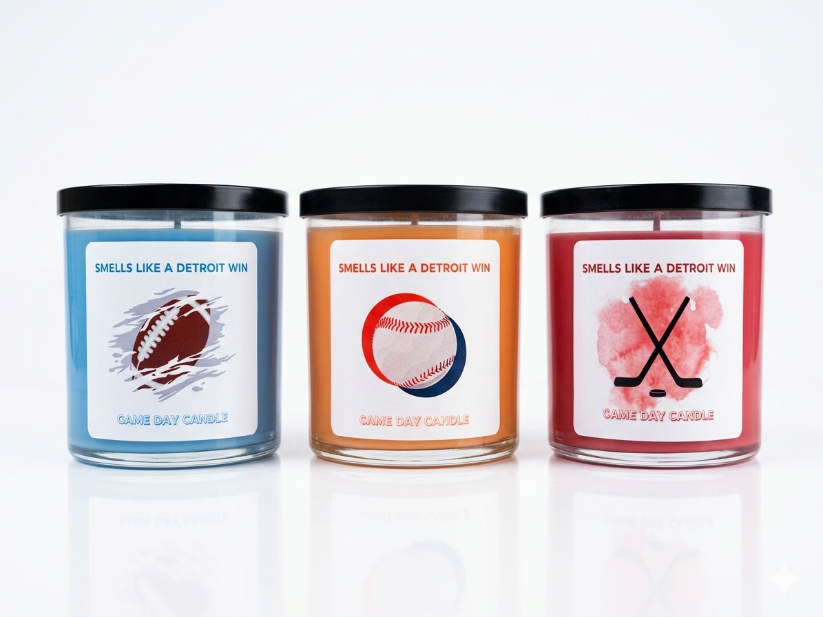 Three game day candles in glass jars with team-themed labels, black lids