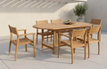 Teak outdoor dining set with extendable rectangular table and 6 slatted-back chairs