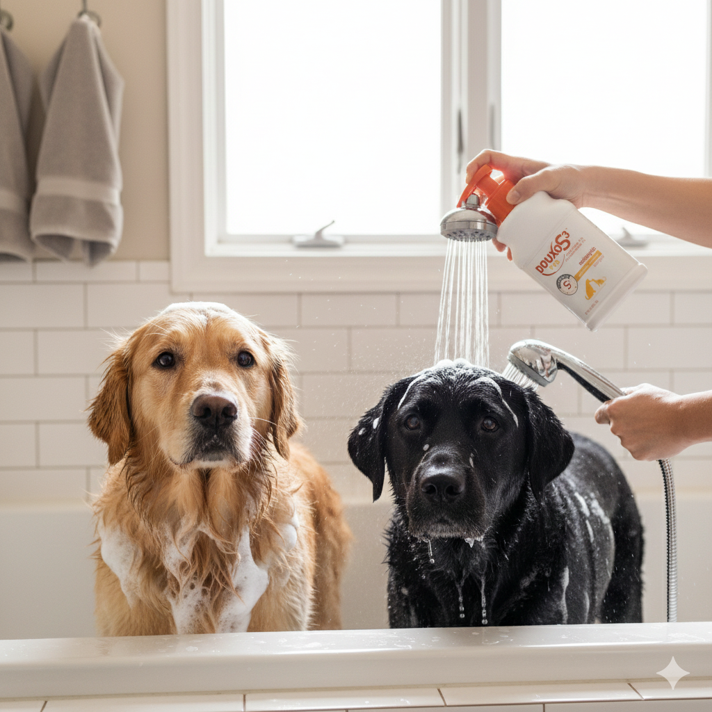 Antiseptic pet shampoo bottle being dispensed with orange pump for bathing