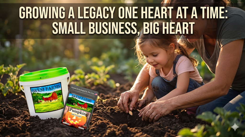 Child planting in garden soil with a green-lid seed vault bucket and seed packets