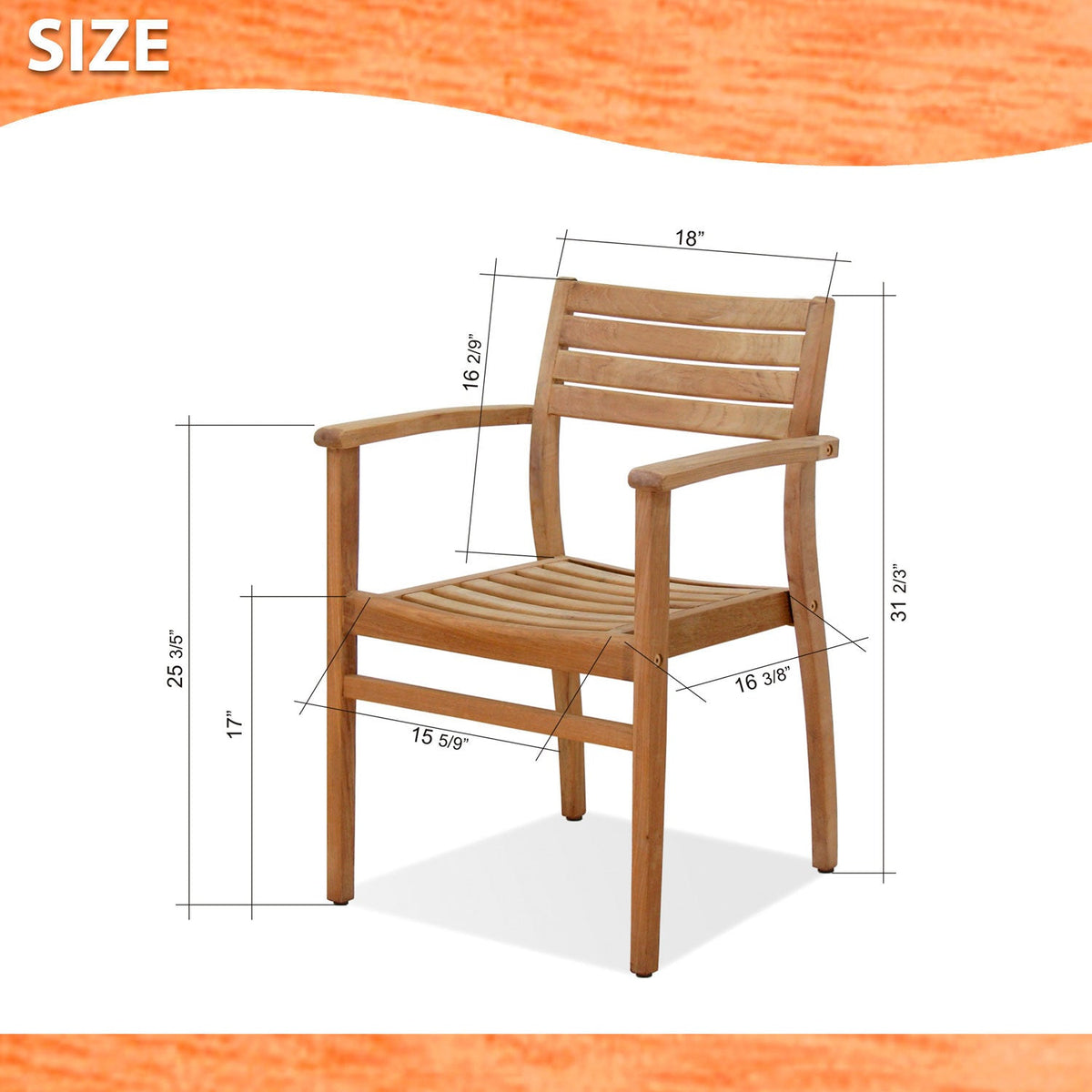 Teak armchair with slatted back and seat, curved arms, size chart overlay