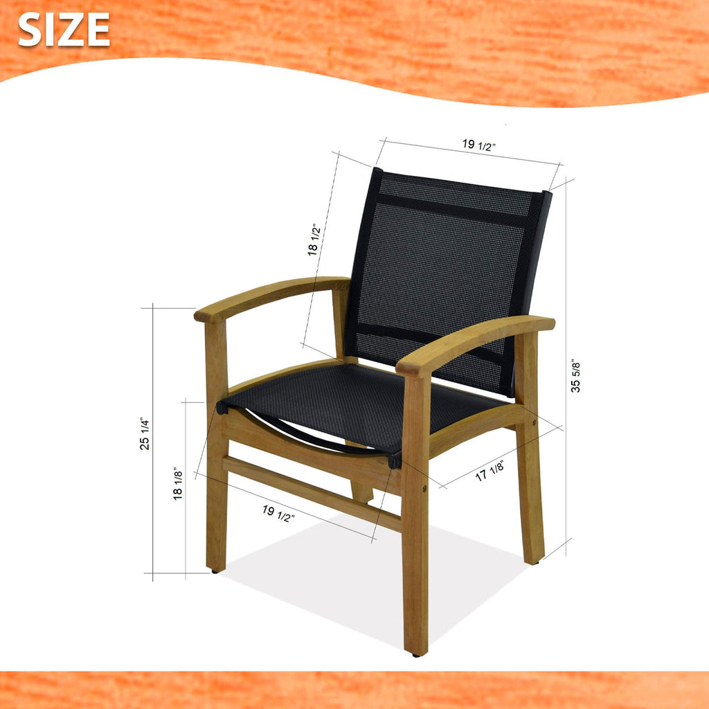 Teak armchair with black mesh back and seat, curved armrests