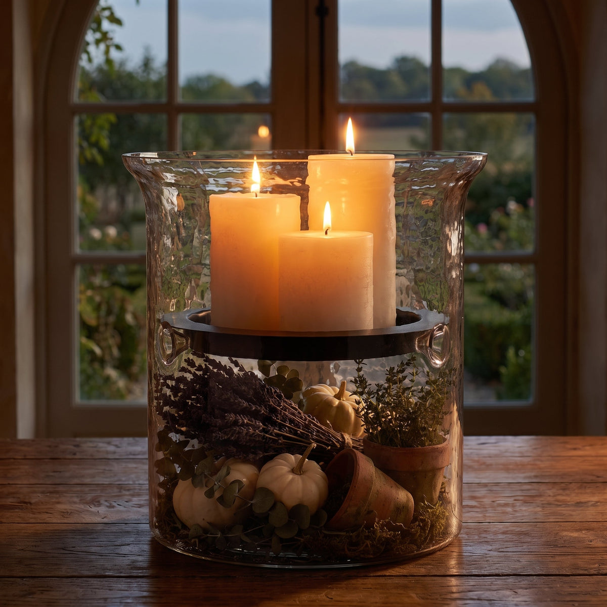 Hammered glass candle holder with decorative metal pan and three lit candles, front view