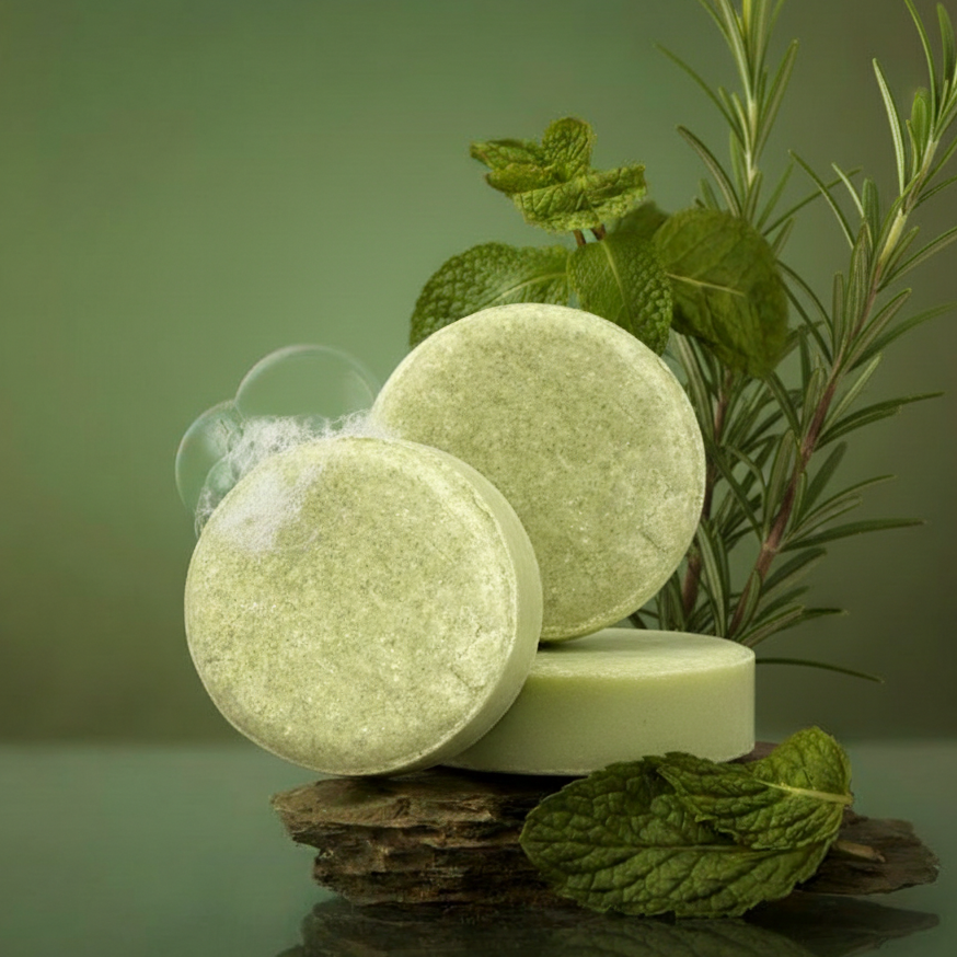 Round green shampoo bars stacked with mint leaves and rosemary sprigs