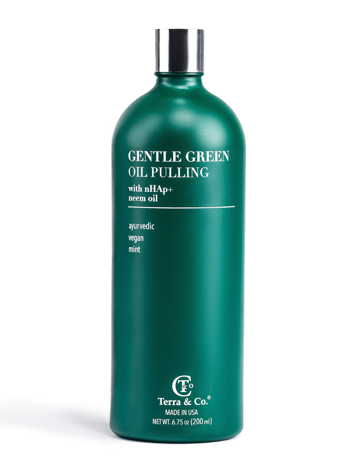 Gentle green oil pulling rinse bottle with silver cap and front label