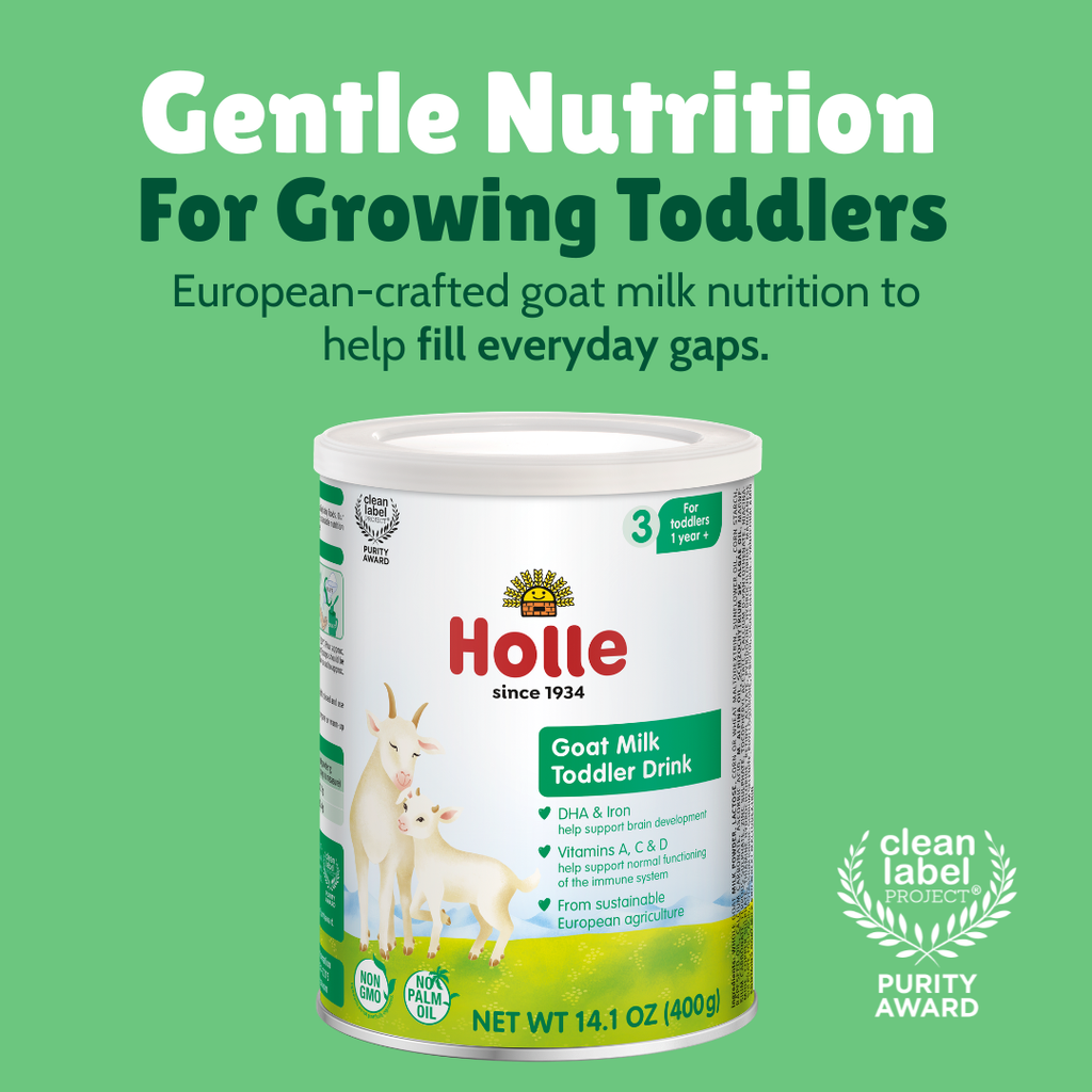 Holle goat milk toddler drink can with “Gentle Nutrition” brand text.