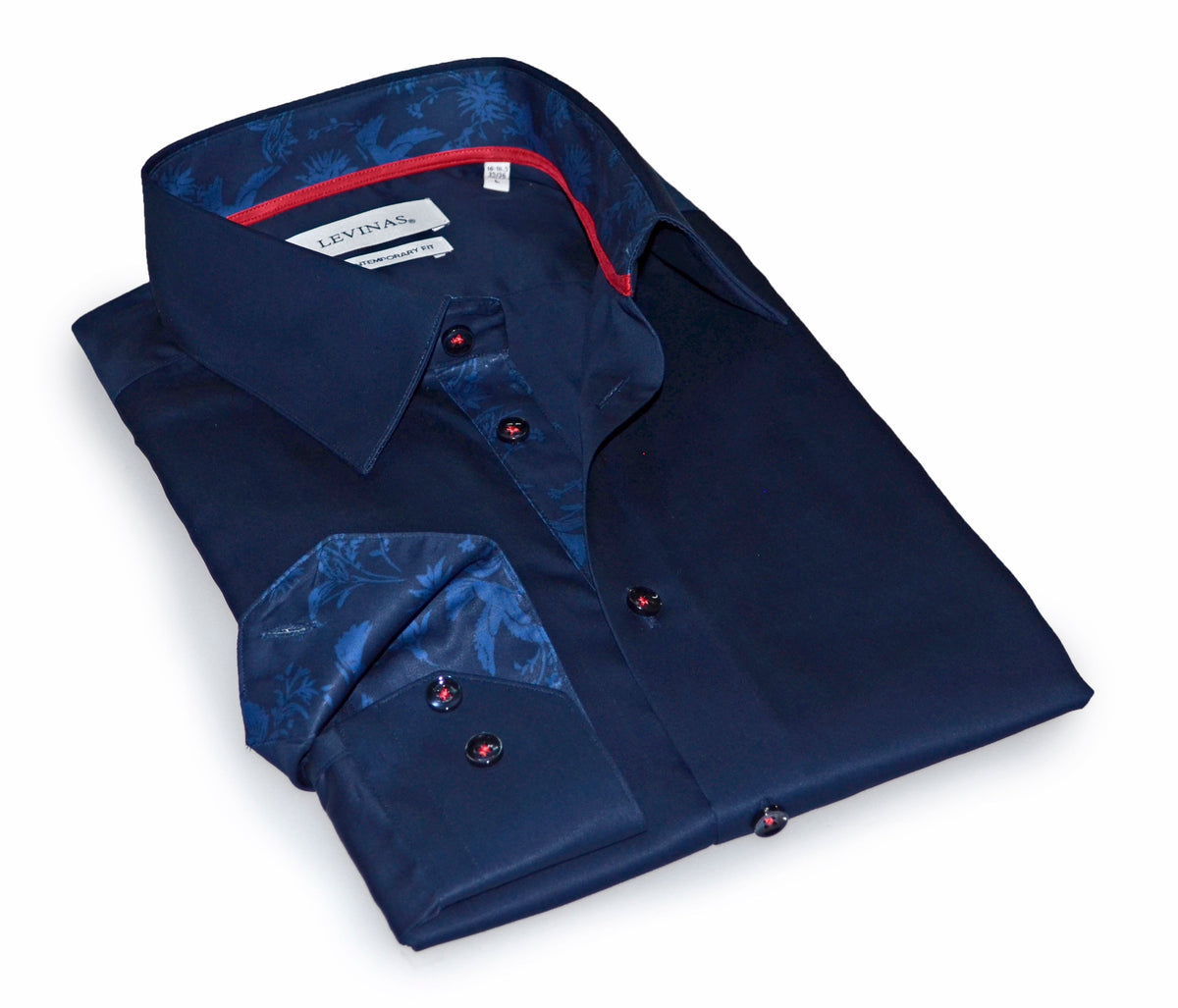 Navy button-up shirt with contrast lining, red inner collar trim, button front