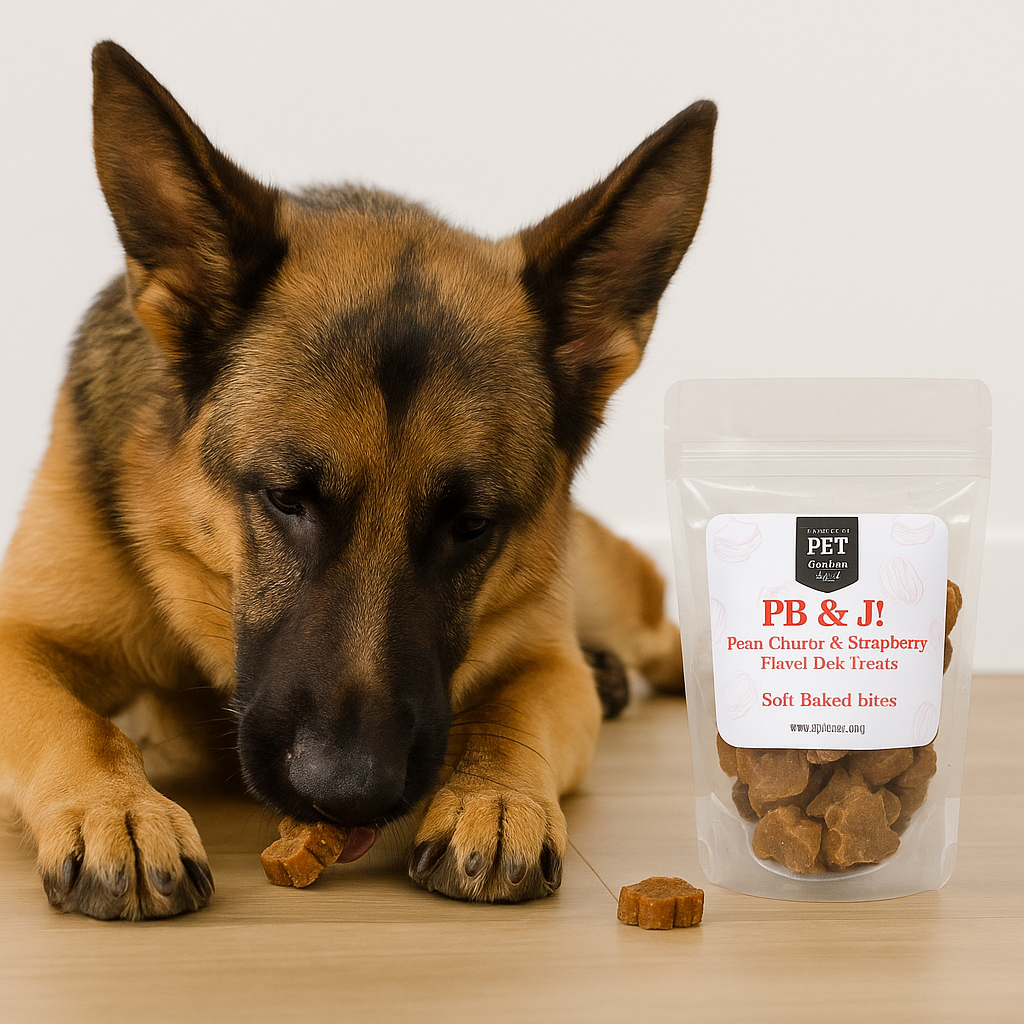 PB & J soft baked dog treats bag with heart-shaped bites