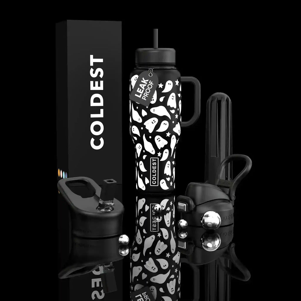 Black insulated bottle with white doodle print, flip straw lid and carry handle