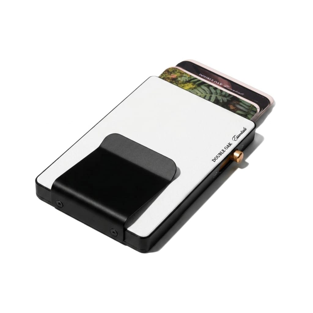 Black and white pop-up cardholder with a dark card holder window