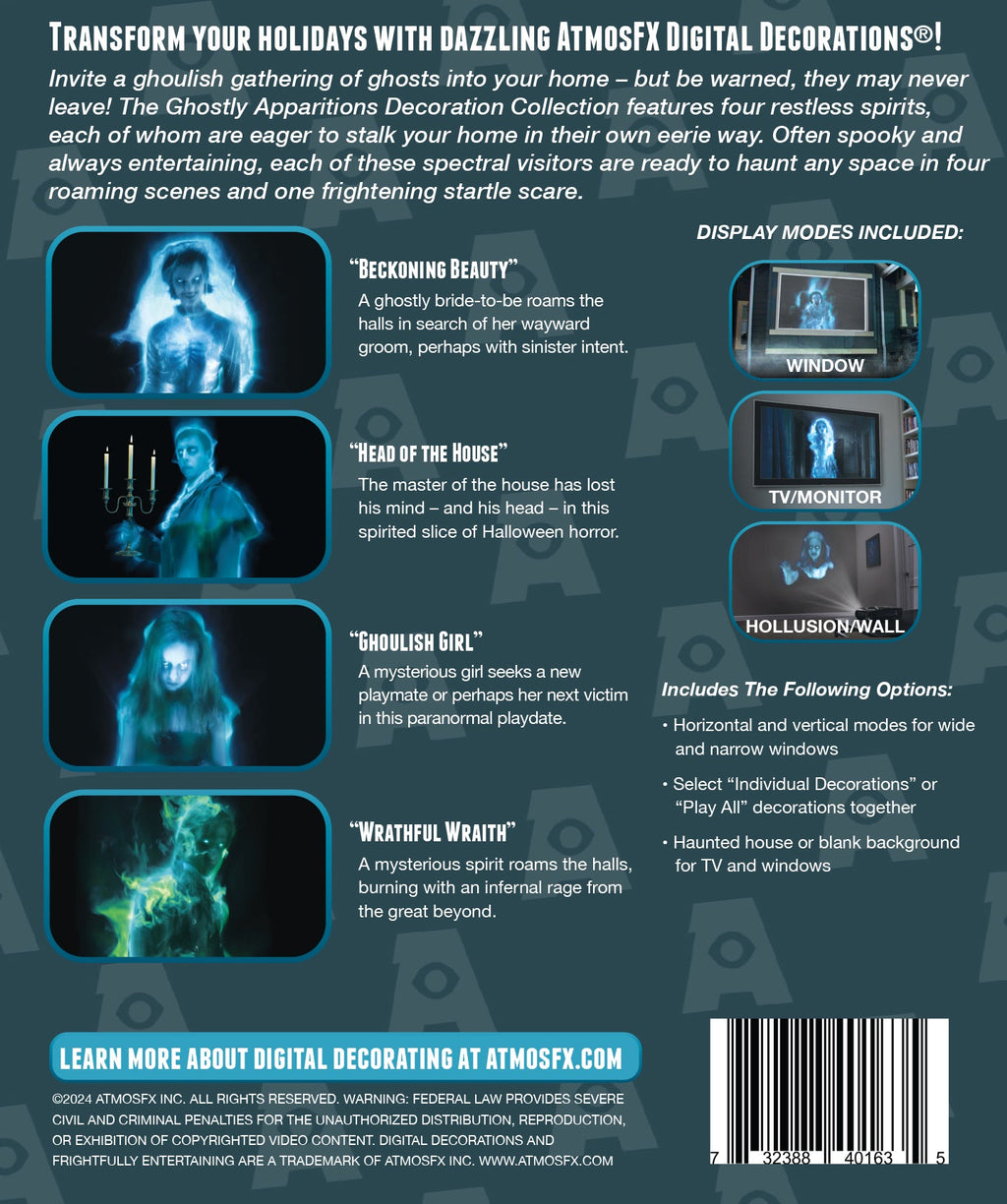 AtmosFX Halloween digital decoration info card with ghost artwork and display mode icons