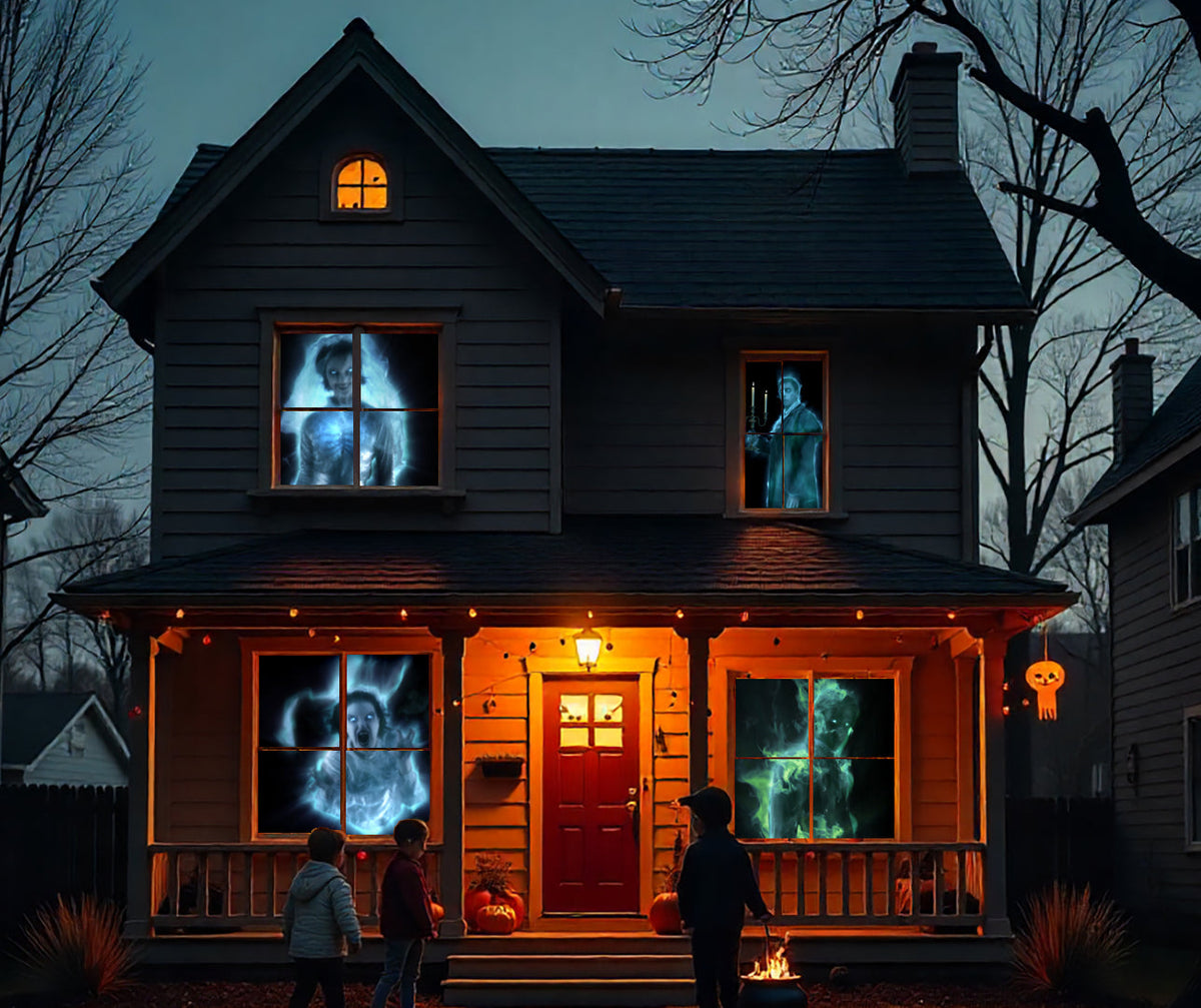 Halloween outdoor projection decoration with glowing blue ghost figure on house porch