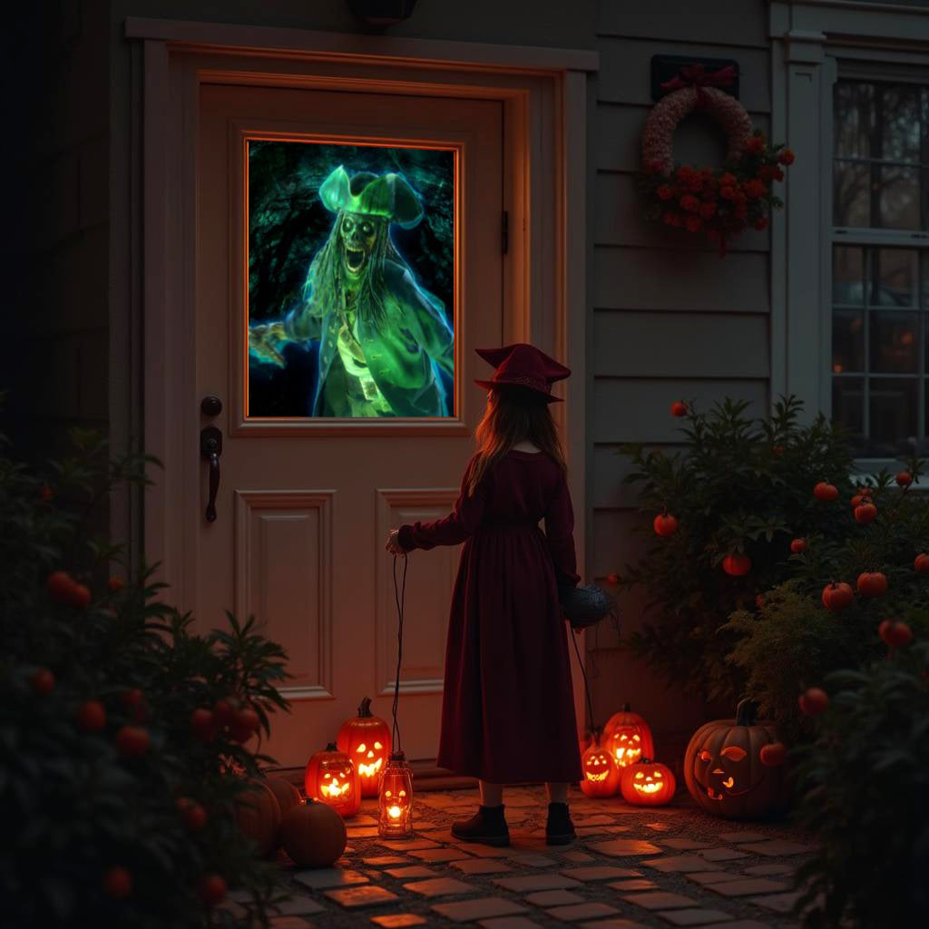 Halloween projector image of green ghost portrait with witch figure on front porch