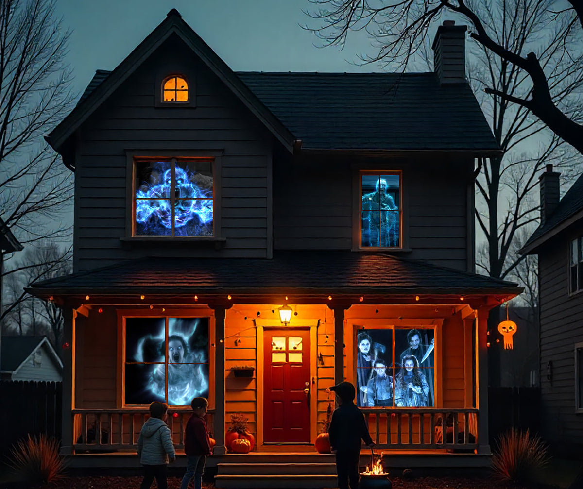 Halloween projector screen on house front porch with blue ghost window images