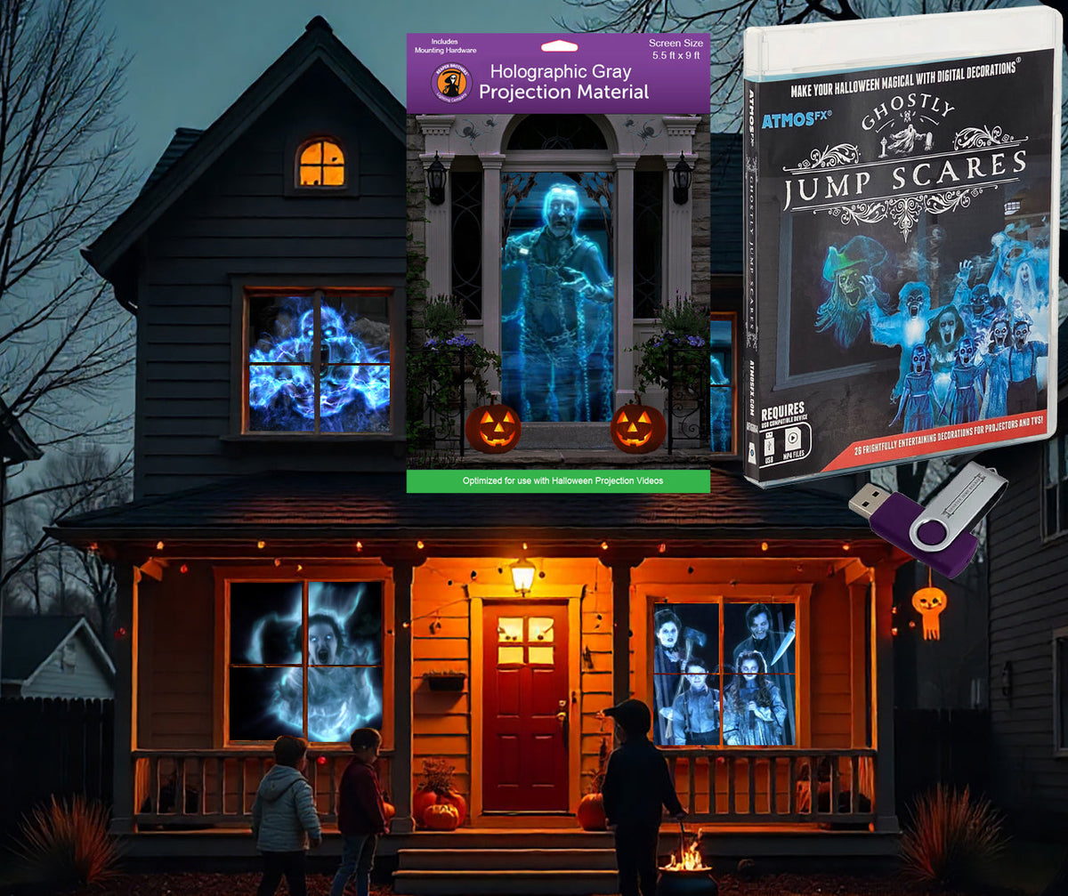 Halloween projector screen showing blue ghost images in a house doorway