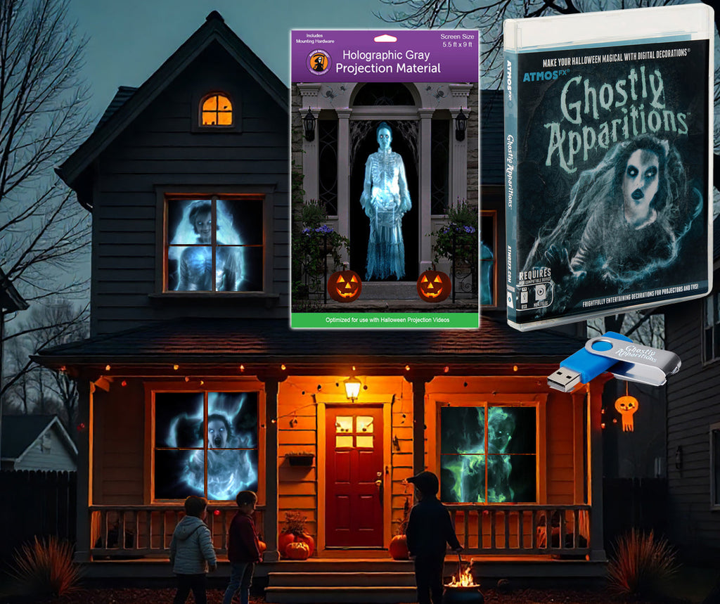 Halloween projection decoration set with ghostly holographic figure and USB-style controller