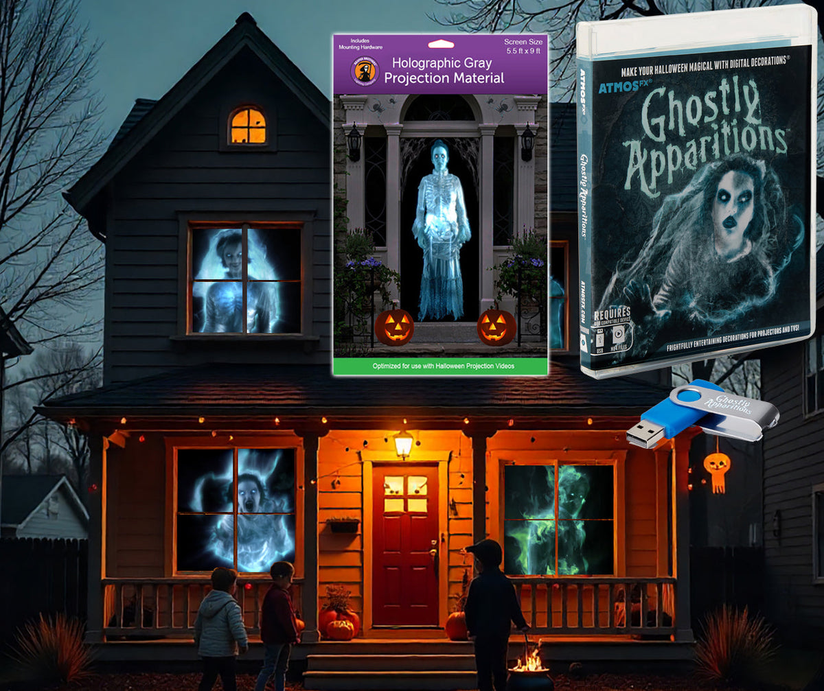 Halloween projection decoration set with ghostly holographic figure and USB-style controller