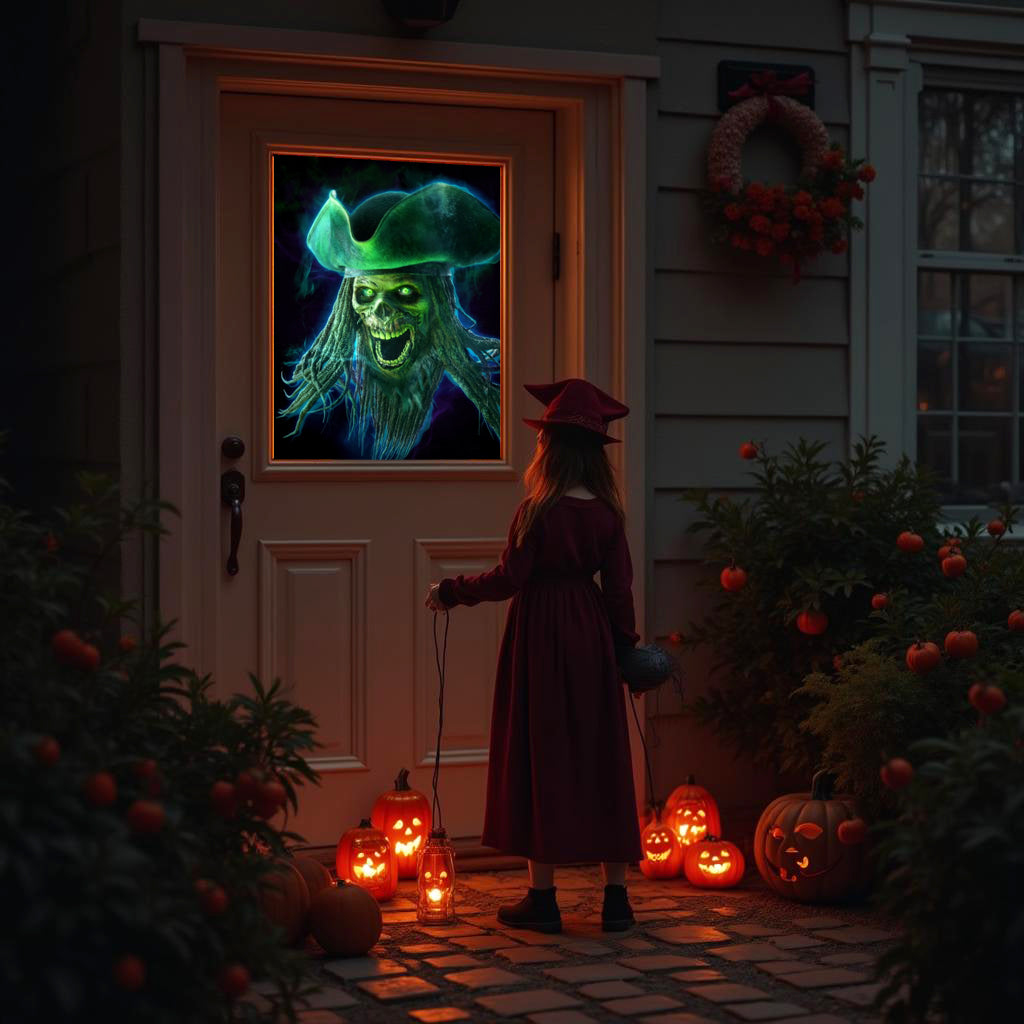 Projector projection of a green-blue ghost face on a house door