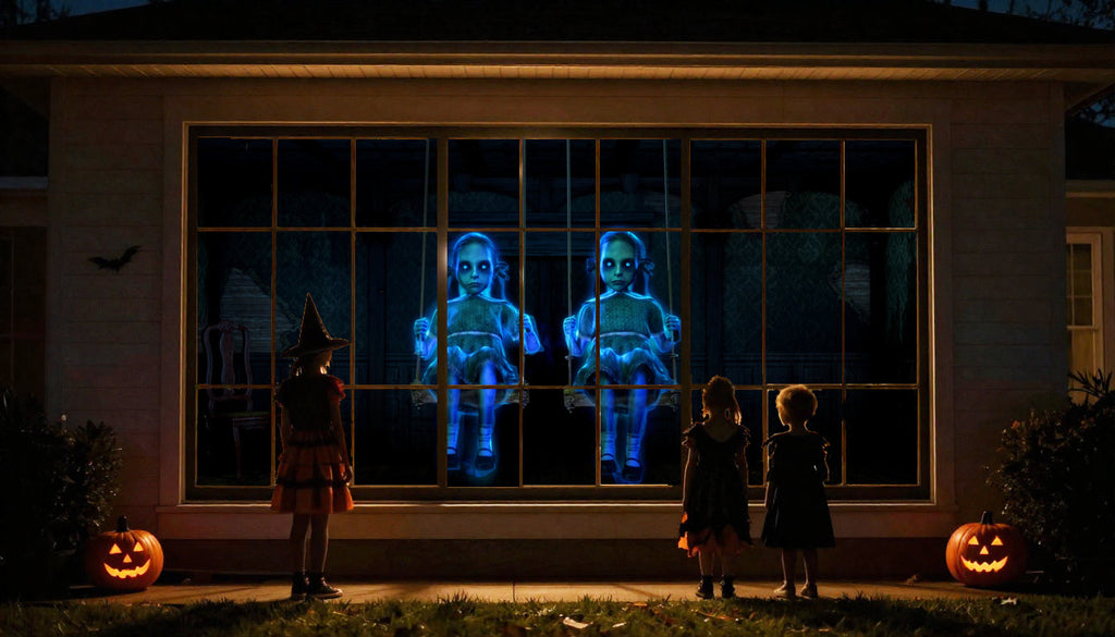 Projector projection of two blue ghost figures across a house window