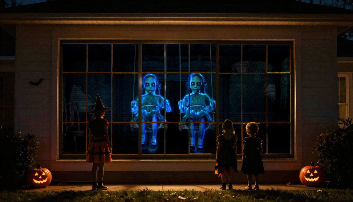 Projector projection of two blue ghost figures across a house window