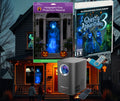 Projector kit projecting ghostly figures onto a house facade; gray projector shown