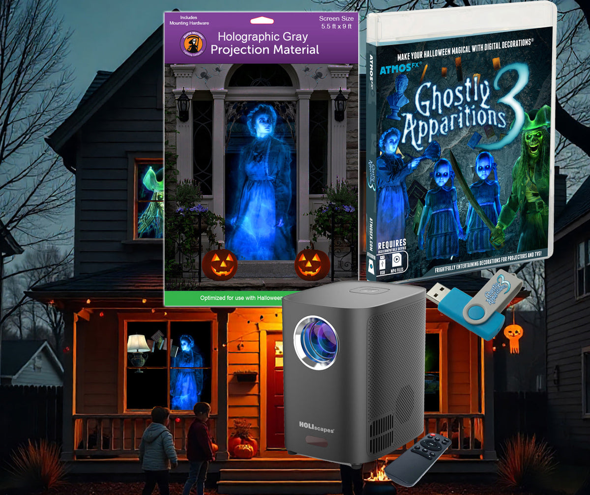 Projector kit projecting ghostly figures onto a house facade; gray projector shown