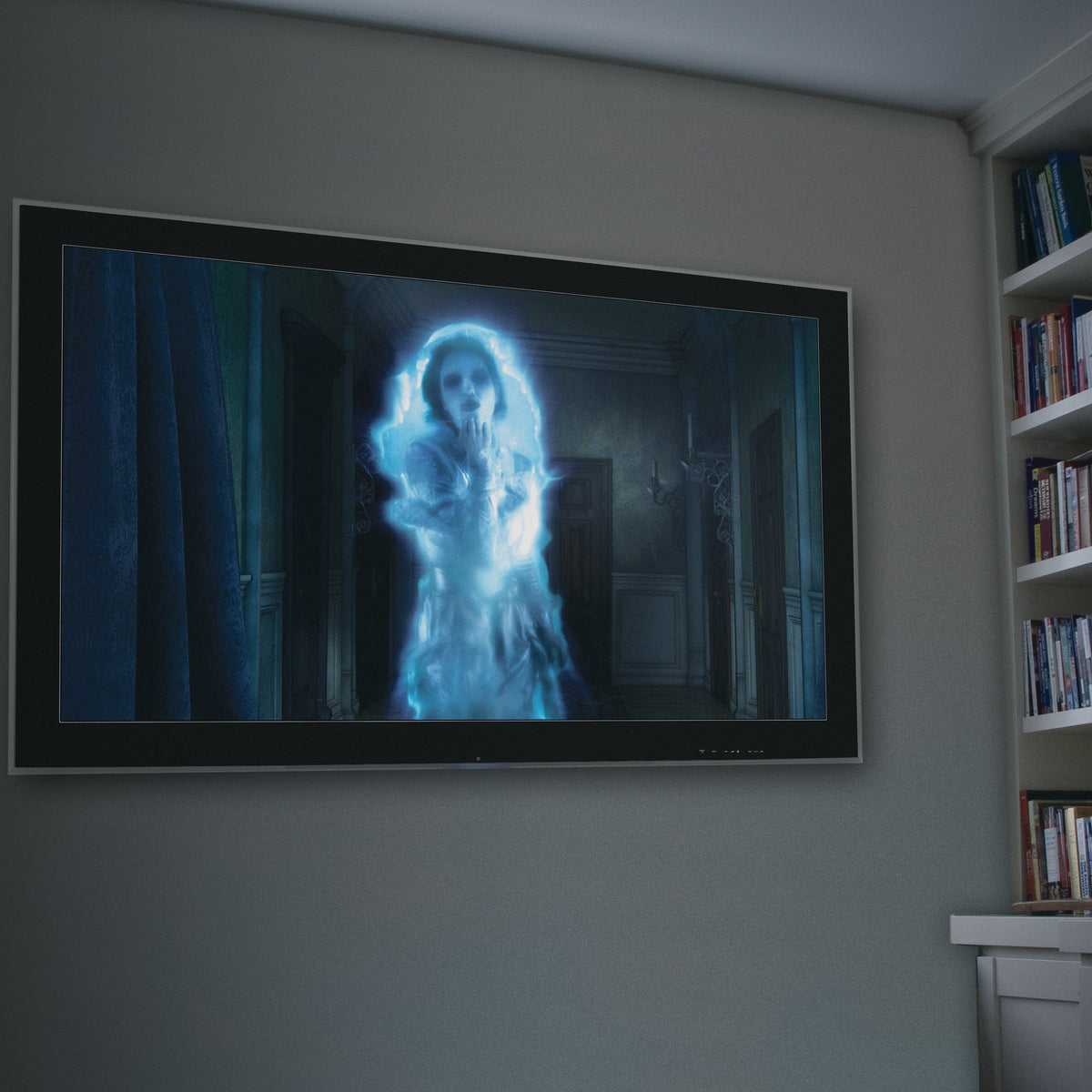 Glowing blue ghost projection displayed in a living room on a large wall canvas