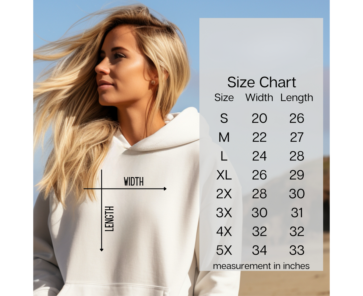 Hoodie size chart infographic showing size, width, and length measurements.