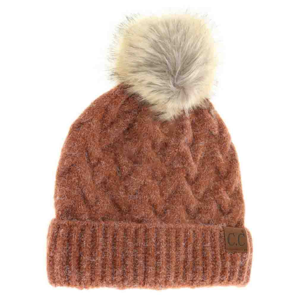 Brown cable-knit beanie with ribbed cuff, faux fur pom-pom, and C.C. patch tab