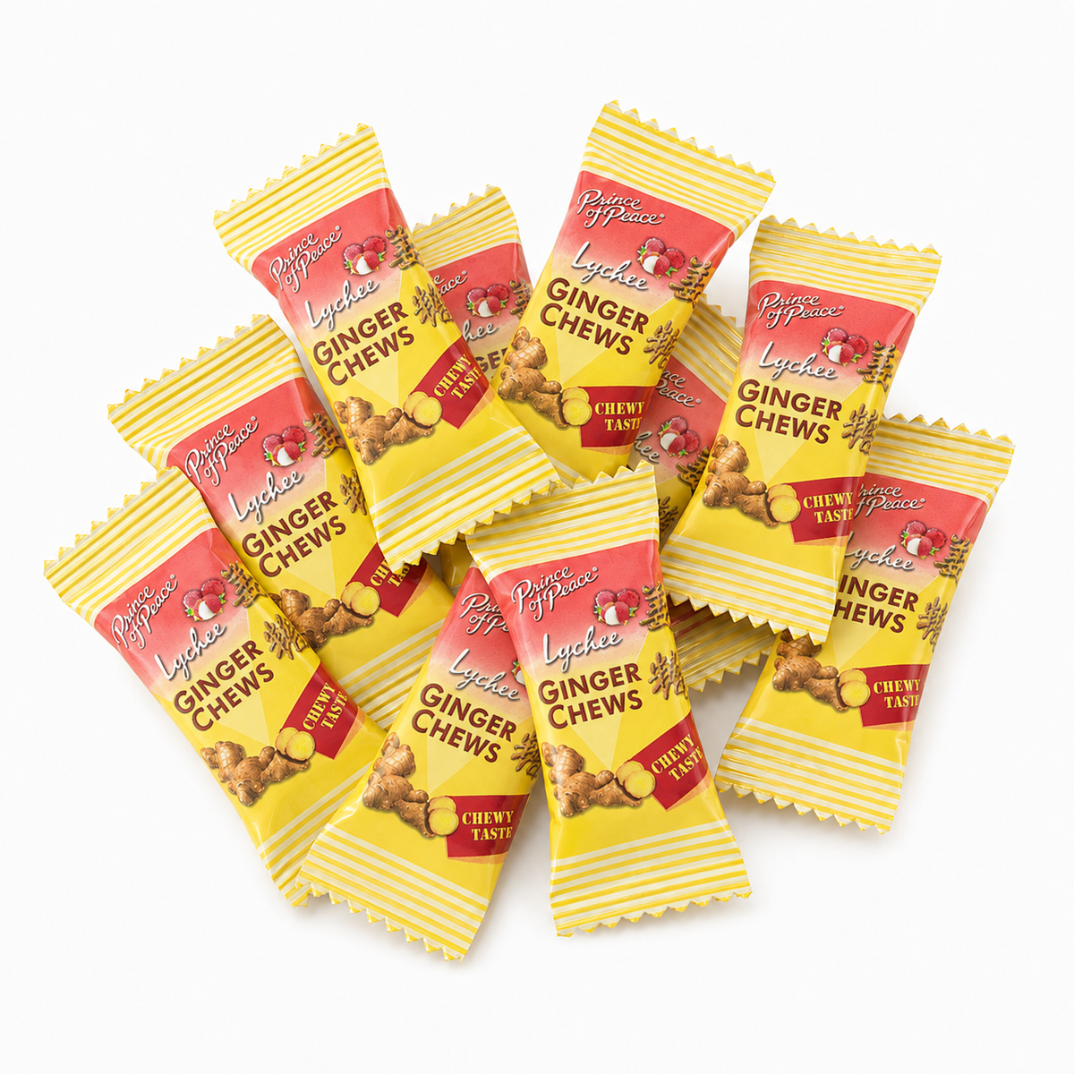 Prince of Peace Lychee ginger chews packets, yellow-striped with red branding