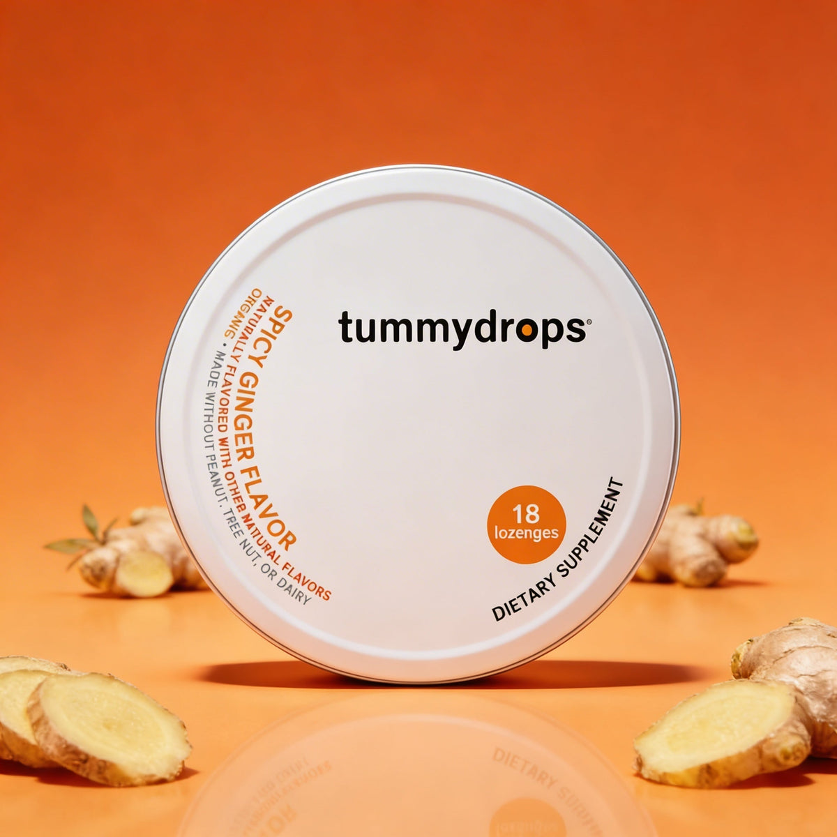 Organic spicy ginger tummydrops tin container, white label with 18 lozenges