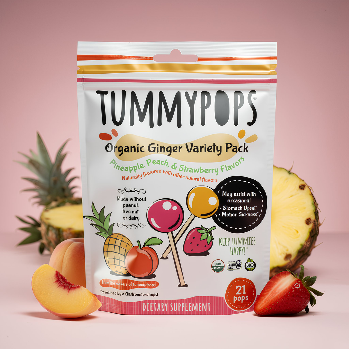Organic ginger variety supplement pack front in white pouch with fruit icons and 21 pops