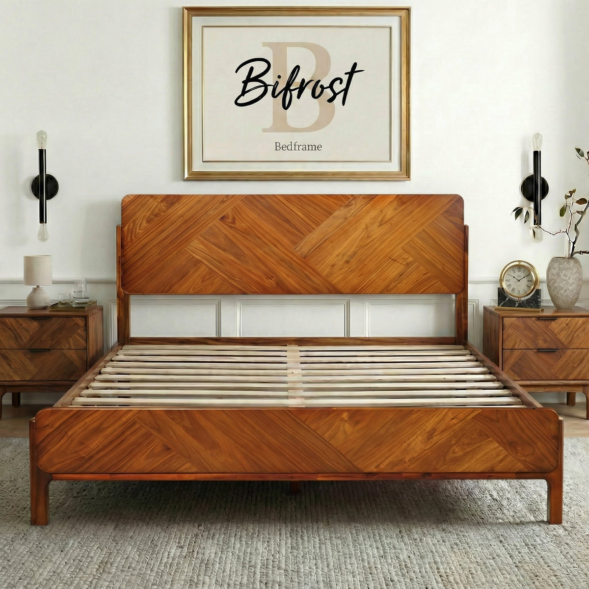 Solid wood bed frame with extra-high headboard and slatted base, caramel finish